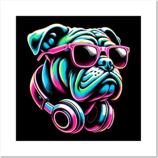 Bulldog With Sunglasses And Headphones Posters and Art